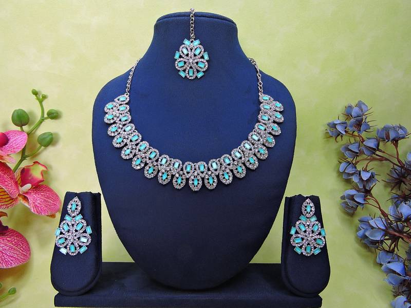 Green rhodium premium designer american diamond and stone work necklace set