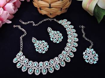 Green rhodium premium designer american diamond and stone work necklace set 2