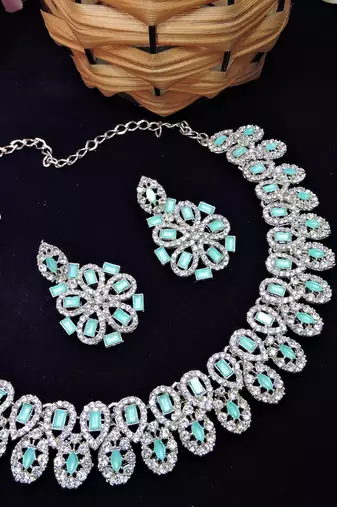 Green rhodium premium designer american diamond and stone work necklace set
