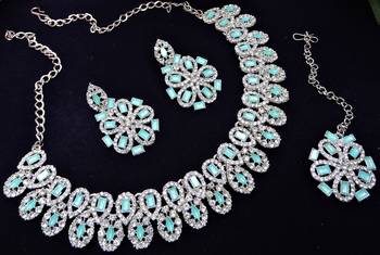 Green rhodium premium designer american diamond and stone work necklace set 3