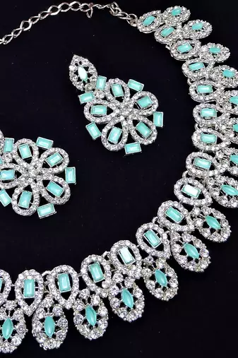 Green rhodium premium designer american diamond and stone work necklace set