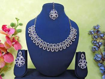 Blue rhodium premium designer american diamond and stone work necklace set 1