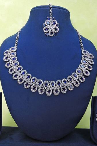 Blue rhodium premium designer american diamond and stone work necklace set