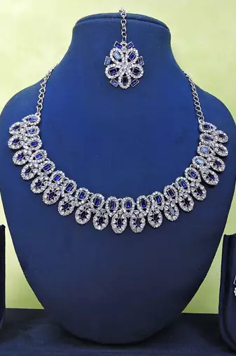 Blue rhodium premium designer american diamond and stone work necklace set