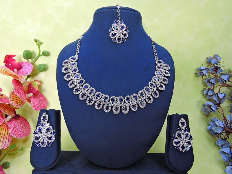 Blue rhodium premium designer american diamond and stone work necklace set