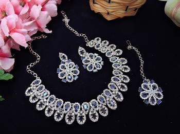 Blue rhodium premium designer american diamond and stone work necklace set 2