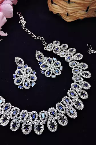 Blue rhodium premium designer american diamond and stone work necklace set