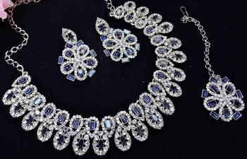 Blue rhodium premium designer american diamond and stone work necklace set 3