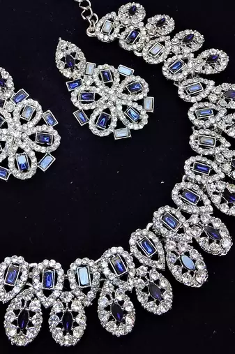 Blue rhodium premium designer american diamond and stone work necklace set