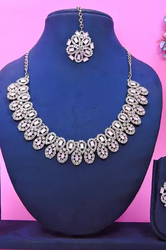 Pink rhodium premium designer american diamond and stone work necklace set