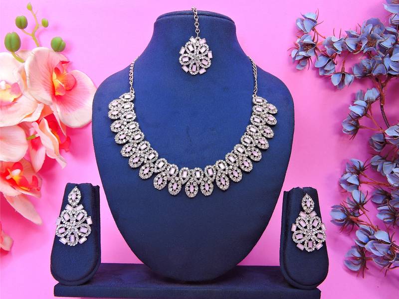 Pink rhodium premium designer american diamond and stone work necklace set