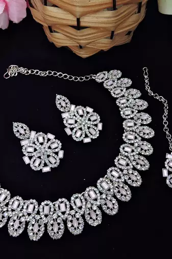 Pink rhodium premium designer american diamond and stone work necklace set