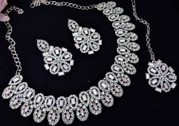 Pink rhodium premium designer american diamond and stone work necklace set 3
