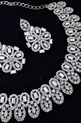 Pink rhodium premium designer american diamond and stone work necklace set