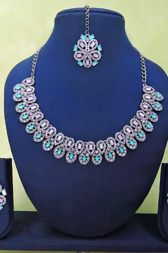 Green rhodium premium designer american diamond and stone work necklace set