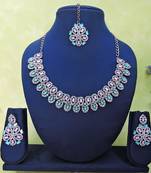 Green rhodium premium designer american diamond and stone work necklace set