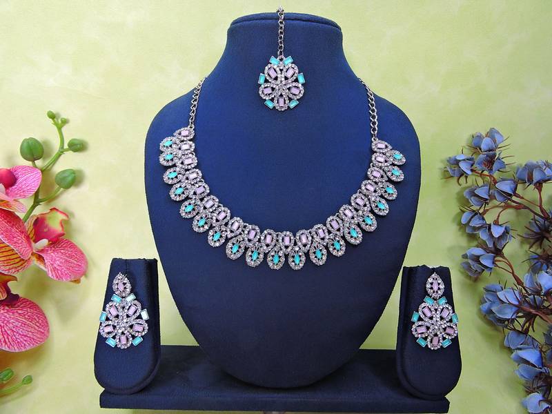 Green rhodium premium designer american diamond and stone work necklace set