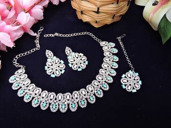 Green rhodium premium designer american diamond and stone work necklace set 2