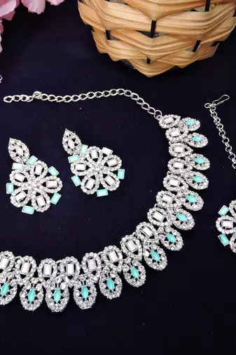 Green rhodium premium designer american diamond and stone work necklace set