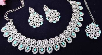 Green rhodium premium designer american diamond and stone work necklace set 3