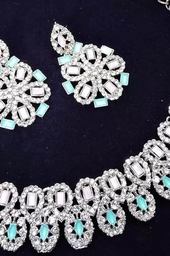 Green rhodium premium designer american diamond and stone work necklace set