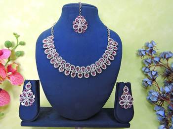 Purple rhodium premium designer american diamond and stone work necklace set 1