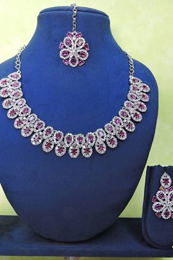 Purple rhodium premium designer american diamond and stone work necklace set
