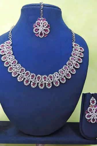 Purple rhodium premium designer american diamond and stone work necklace set