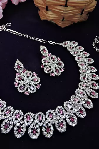 Purple rhodium premium designer american diamond and stone work necklace set