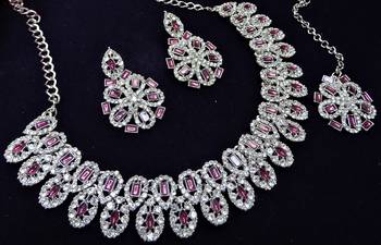 Purple rhodium premium designer american diamond and stone work necklace set 3
