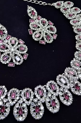 Purple rhodium premium designer american diamond and stone work necklace set