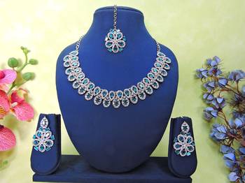 Blue rhodium premium designer american diamond and stone work necklace set 1
