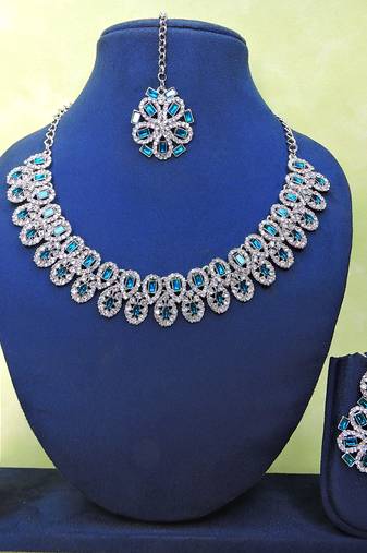 Blue rhodium premium designer american diamond and stone work necklace set