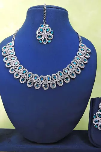 Blue rhodium premium designer american diamond and stone work necklace set