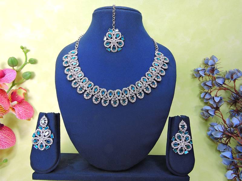 Blue rhodium premium designer american diamond and stone work necklace set