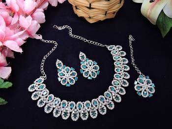 Blue rhodium premium designer american diamond and stone work necklace set 2