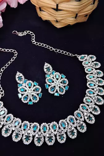 Blue rhodium premium designer american diamond and stone work necklace set