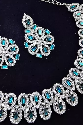 Blue rhodium premium designer american diamond and stone work necklace set