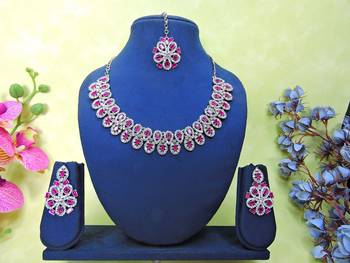Pink rhodium premium designer american diamond and stone work necklace set 1