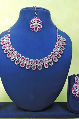 Pink rhodium premium designer american diamond and stone work necklace set