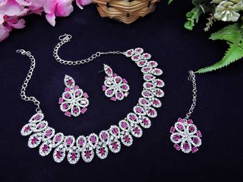 Pink rhodium premium designer american diamond and stone work necklace set 2