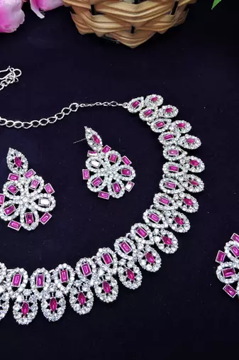 Pink rhodium premium designer american diamond and stone work necklace set