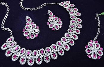 Pink rhodium premium designer american diamond and stone work necklace set 3