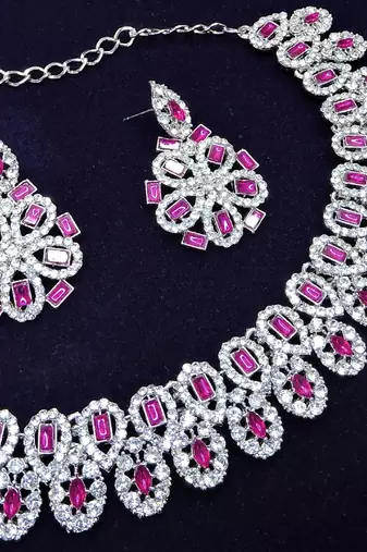 Pink rhodium premium designer american diamond and stone work necklace set