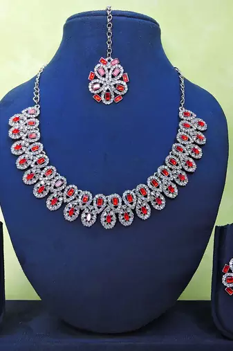 Red rhodium premium designer american diamond and stone work necklace set