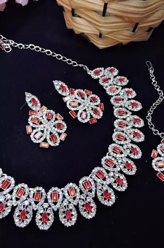 Red rhodium premium designer american diamond and stone work necklace set