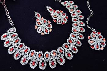 Red rhodium premium designer american diamond and stone work necklace set 3