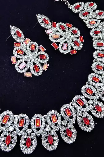 Red rhodium premium designer american diamond and stone work necklace set