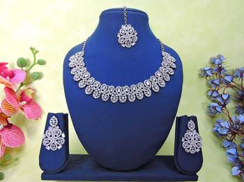 White rhodium premium designer american diamond and stone work necklace set 1