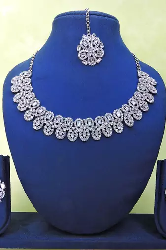 White rhodium premium designer american diamond and stone work necklace set